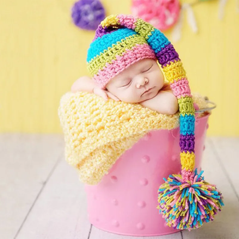 Детская фотография реквизит новорожденного помпон шляпа с длинным хвостом стрельба Детские фотографии новорожденных аксессуары для