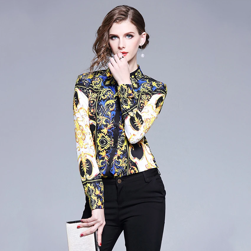 مصمم المدرج قمم المرأة كم طويل قميص السيدات مكتب طباعة خمر قمصان إمرأة قمم و البلوزات 2019 Blusa الأنثوية