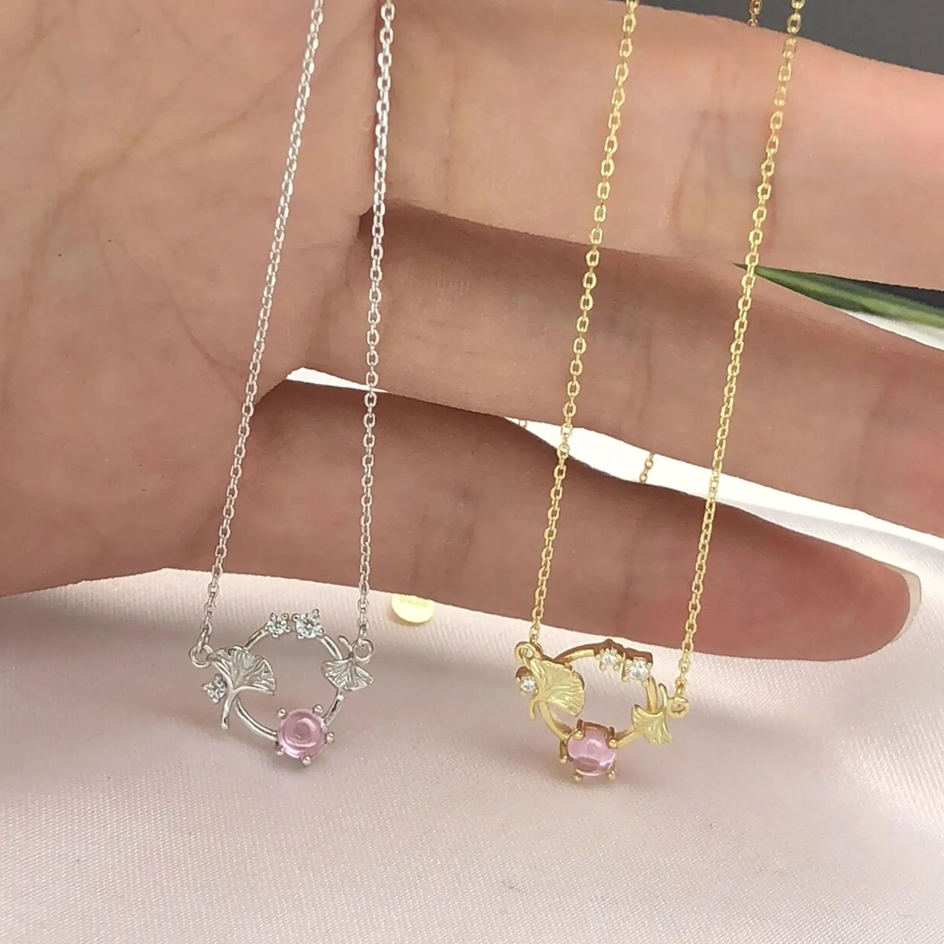 pink crystal Ginkgo leaf woman necklace 100% 925 Sterling silver nacklace Jewellery Clavicle chain pendant charms