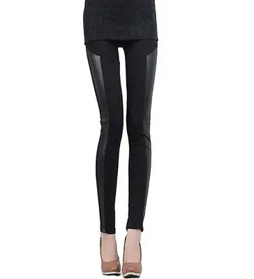 Горячая Распродажа Модные женские черные лоскутные леггинсы из искусственной кожи высококачественные брюки