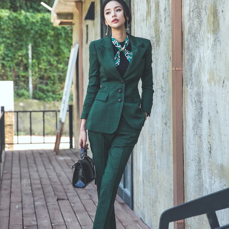 Pant Suits 2018 Autumn New Office Lady Formal Business 2 Piece Set For Women Plaid Single Breasted Blazers Jacket + Trouser Suit