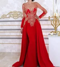 Rot 2016 abendkleid mit langen Ärmeln zwei Stücke applikationen arabisch-muslimischen formale kleider für Hochzeitsgesellschaft Stargast kleid