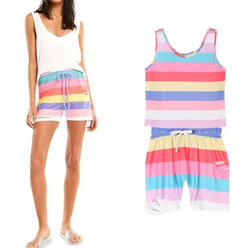 

Lychee Girls Rainbow Stripe Tank Top Colorful Striped Hole Shorts Two Pieces Set Sleeveless Vest Drawstring Waist Women's Set
