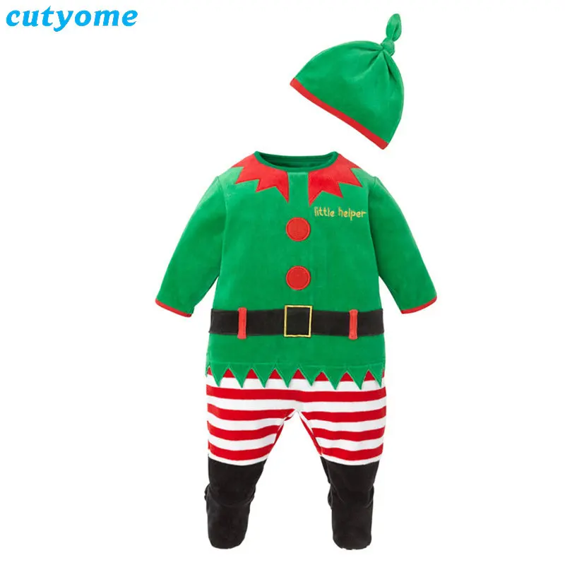 Baby Christmas Romper Long Sleeves Newborn Jumpsuit Hat Infant Girls