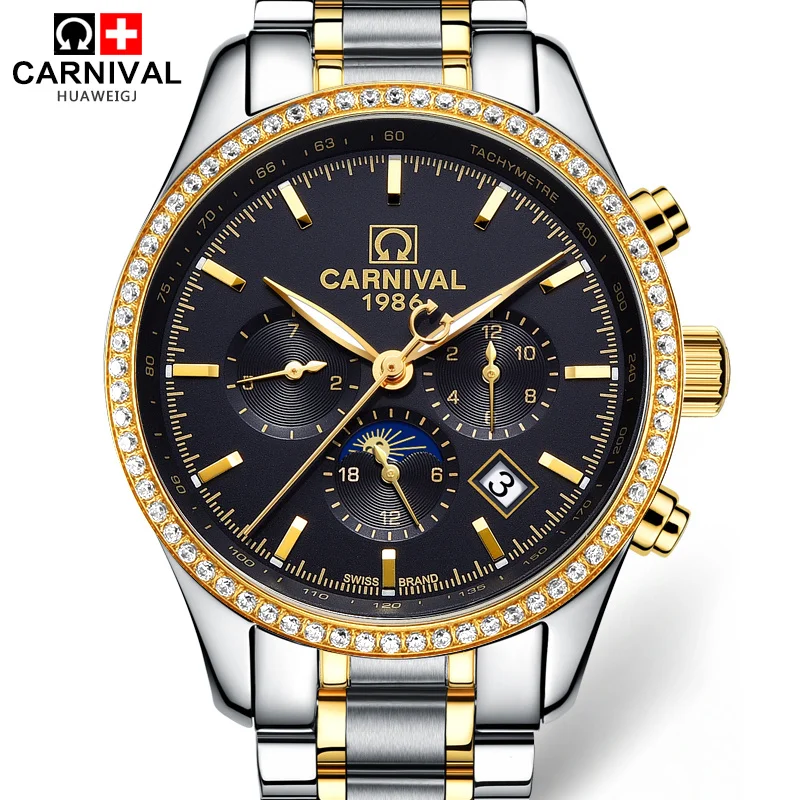 

Carnival Watch Men Moon Phase Automatic Mechanical Luminous Stainless Steel Waterproof multifunction Black Watches