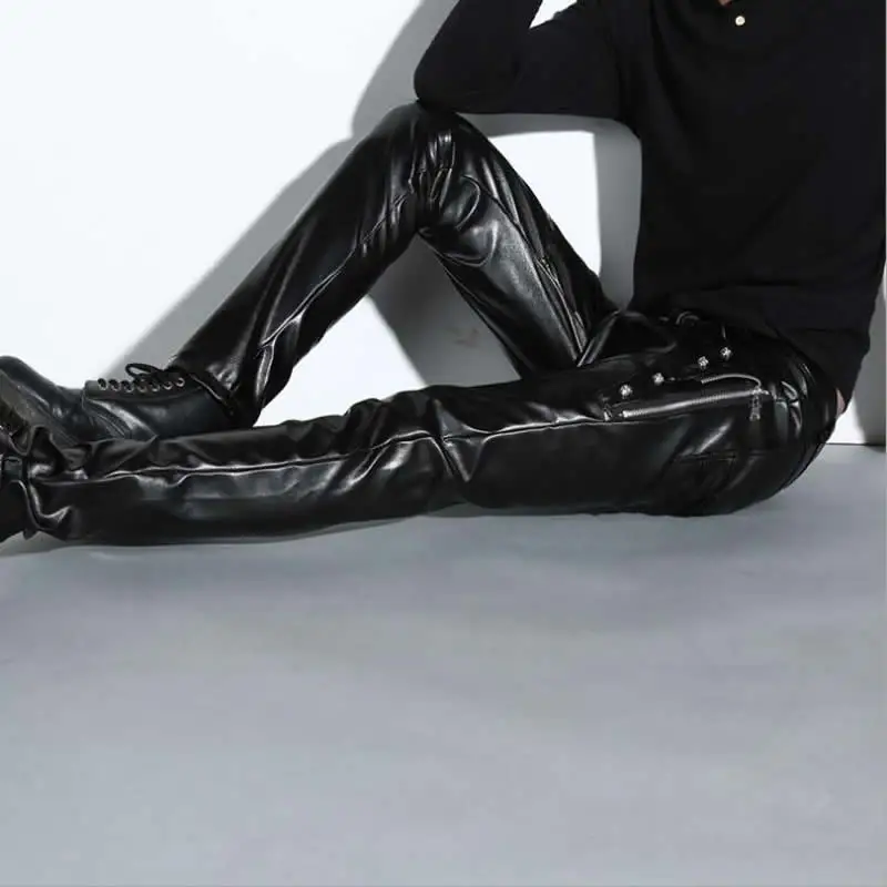 New Men Skinny Leather Pants Fashion Faux Leather Trousers For Male DJ Rock Stage Club Wear Biker Motorcycle Pants