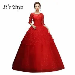 Это YiiYa простое свадебное платье o-образным вырезом с открытой спиной с рукавом до локтя кружево до пола Длина Красный Brida Платья De Novia XXN142 в