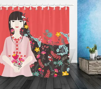 

Girl Flower Adorn Bathroom Set Decor Polyester Flower Shower Curtain Hooks