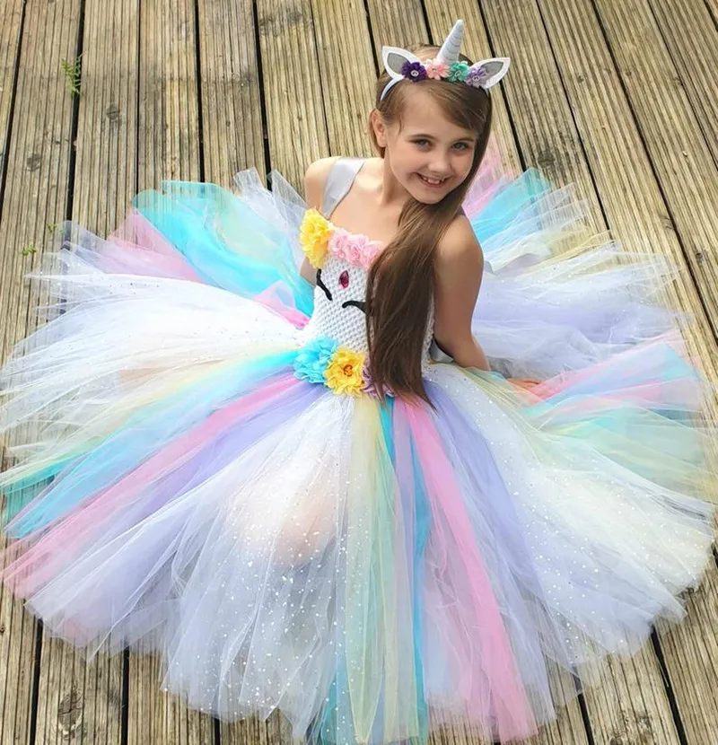 Платье-пачка с единорогом для девочек; детское платье из тюля «кроше»; бальное платье с цветком и бантом для волос; Детский карнавальный костюм на день рождения; платья для костюмированной вечеринки