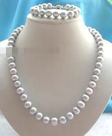 

Free shipping Jew.656 21" Genuine Natural 10-11mm Gray Round Pearl Necklace Bracelet set