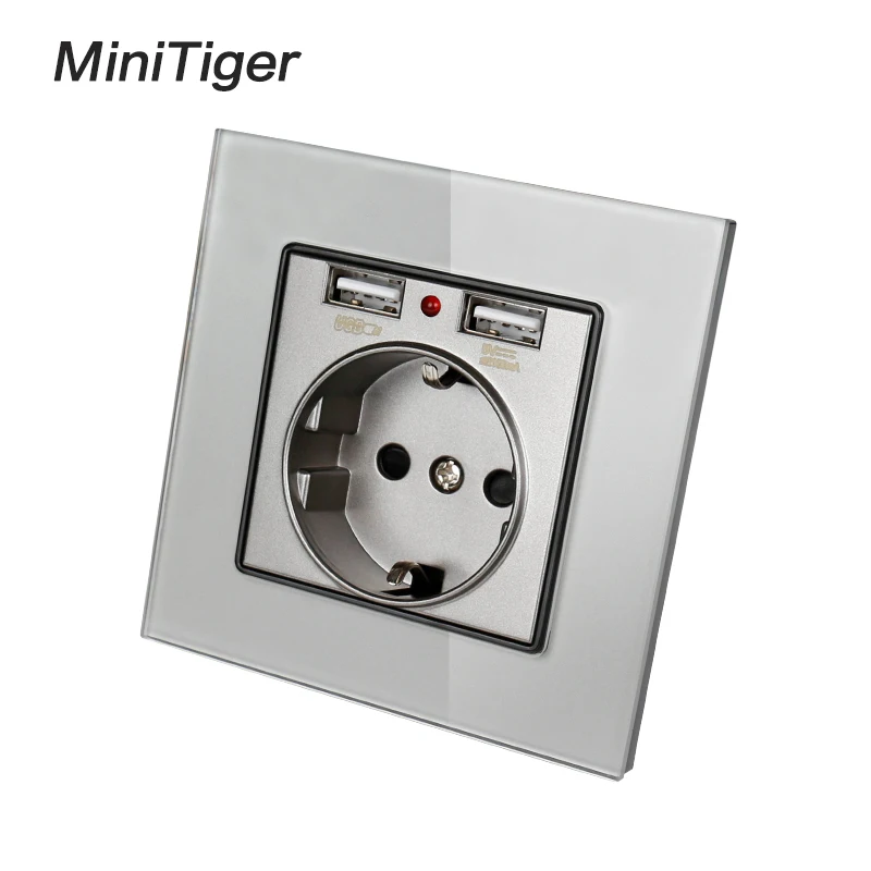 Розетка настенная Minitiger со стеклянной панелью и двумя USB портами 2 1 А 16