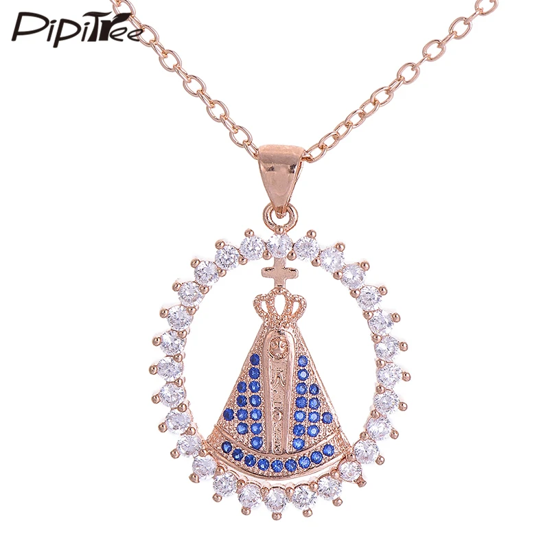 

Pipitree Virgin Mary Pendant Necklace for Women Girls Shiny Charm Cubic Zirconia Necklaces Colar Trendy Religious Chain Jewelry
