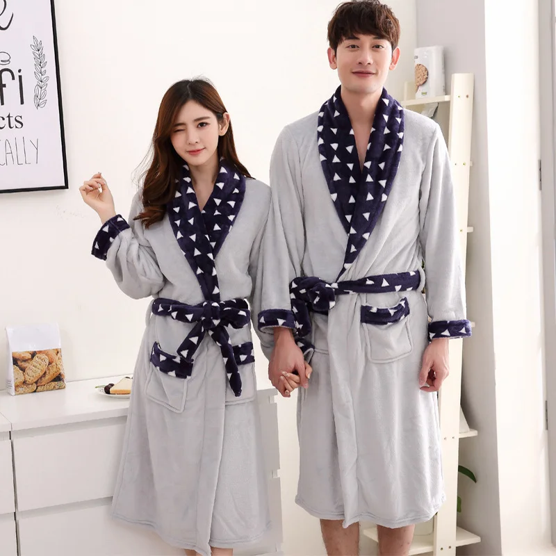 Фланелевые халаты-кимоно для влюбленных, плотные теплые халаты из кораллового флиса для мужчин и женщин, осенне-зимние плотные пижамы с длинными рукавами - Цвет: 5