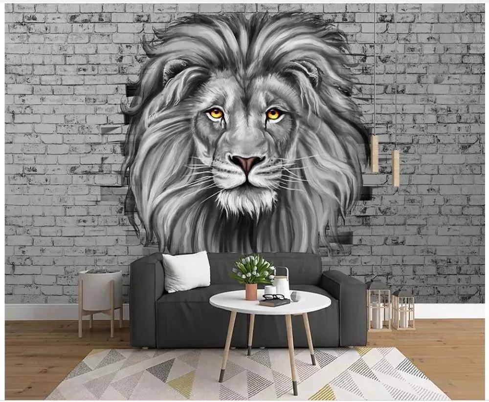 

3d photo wallpaper custom mural Black and white lion brick wall Home decor living room 3d wall mural wallpaper for walls 3 d