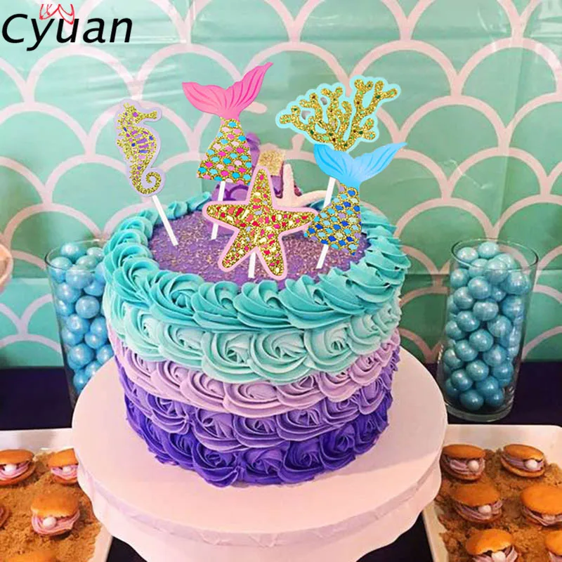 Cyuan Birthday Party Mermaid Theme Cake Topper Under The Sea Girl Birthday Cake Decorating Flags Kids Party Favor Cupcake Topper Cake Decorating Supplies Aliexpress