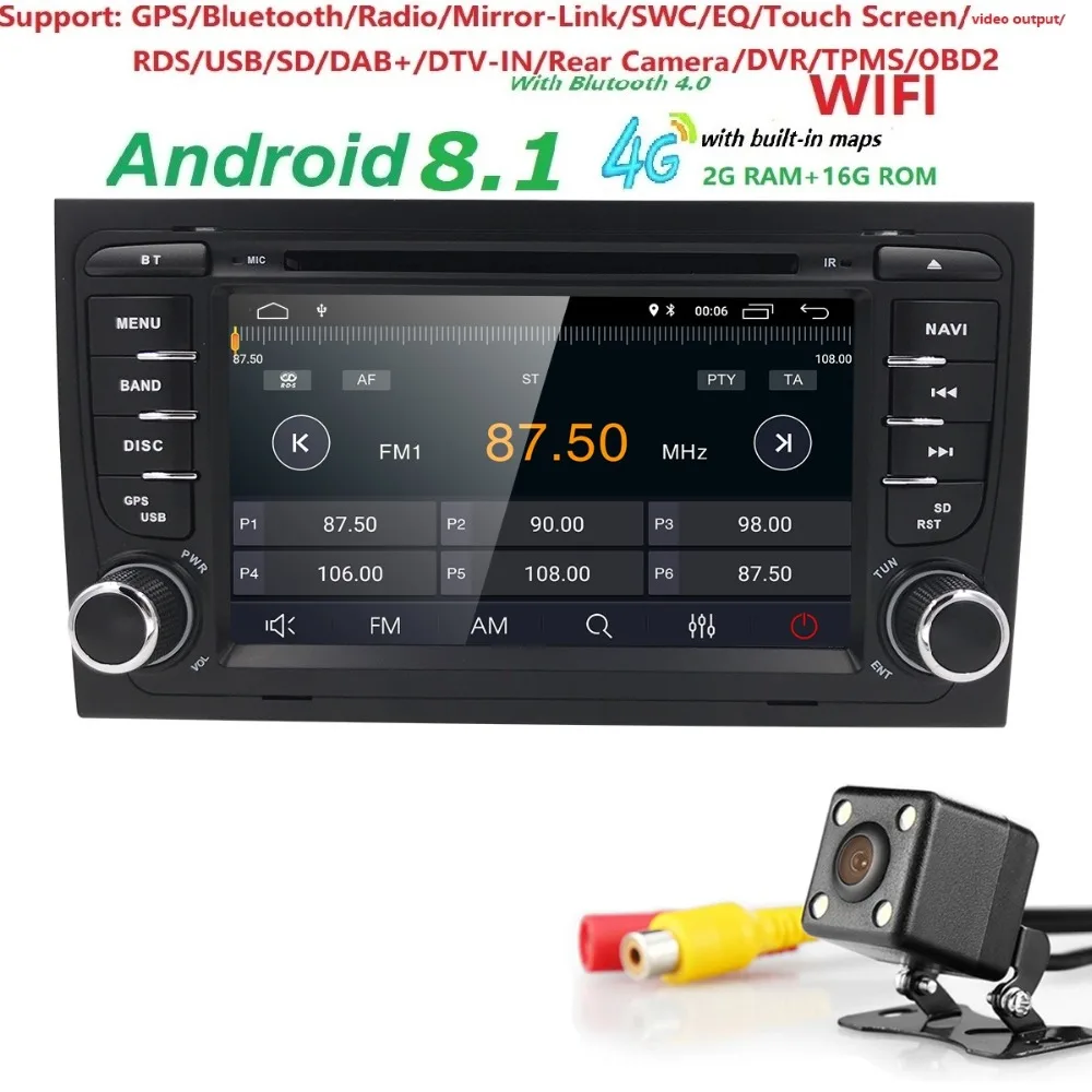 

2 Din 7 Inch Android 8.1 Car DVD Player For Audi/A4/S4 2002-2008 QuadCore 2GRAM 16GROM 4GWifi GPS Navigation Radio FM/AM CAM MAP