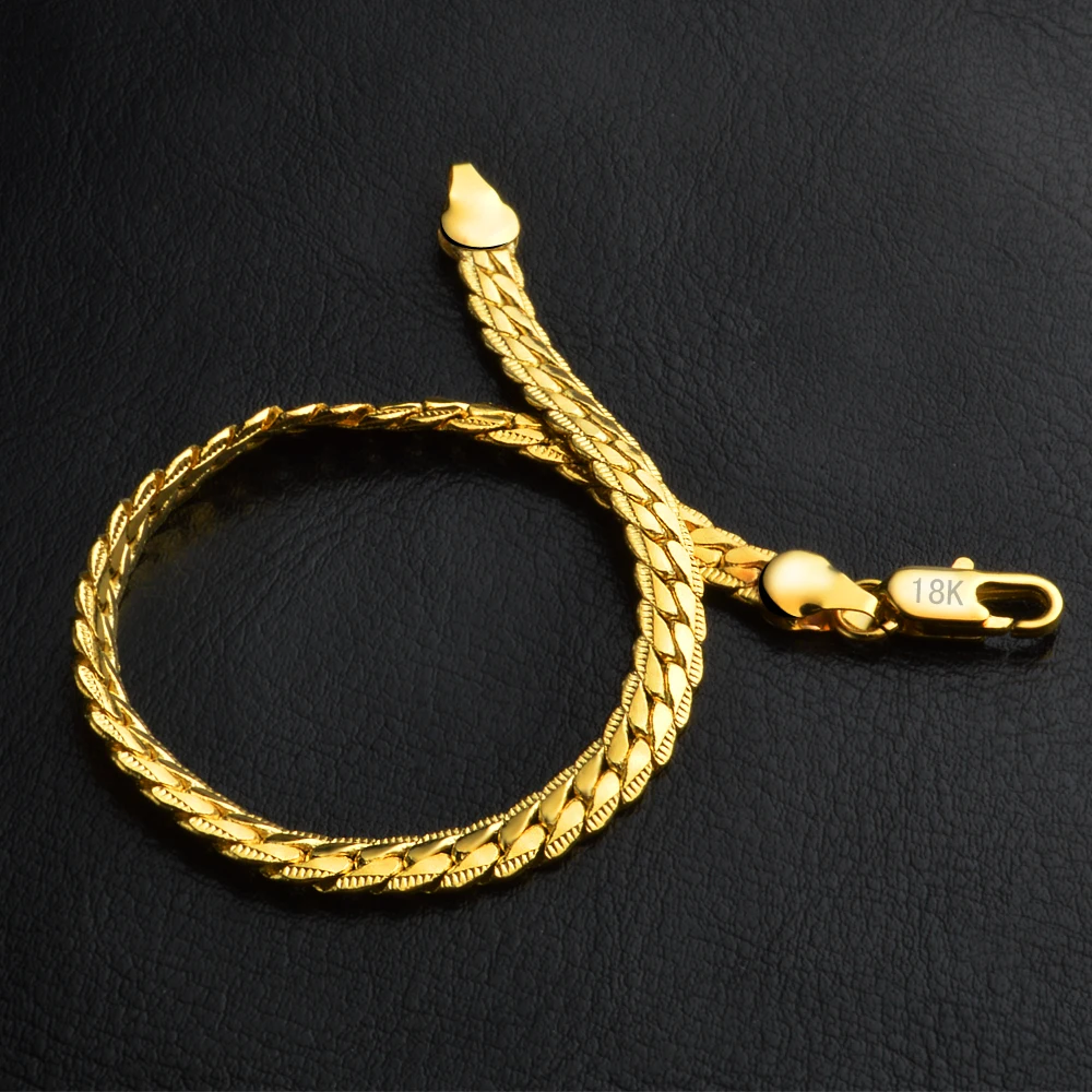 Wholesale 18k Gold Plated 5mm Sideways Chain Bracelets for Men Women 20cm Fashion Gold Color Men's Bracelet Party Jewelry Gift