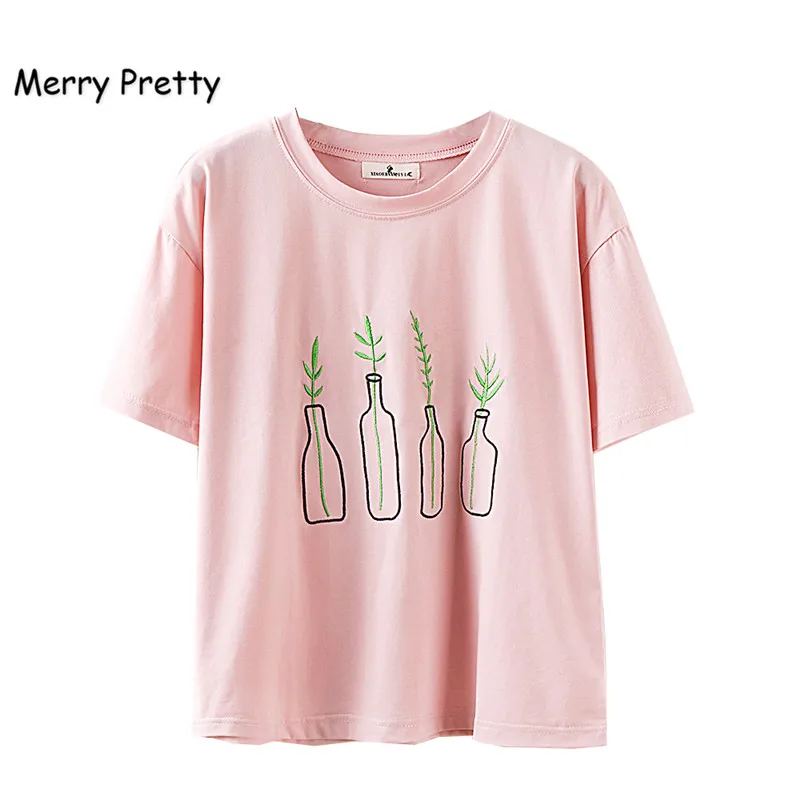 

Merry Pretty New Women T-shirt Harajuku Bottle Plants Pattern Embroidery T Shirt Cotton Short Sleeve Funny Sweet Girls Pink Tops
