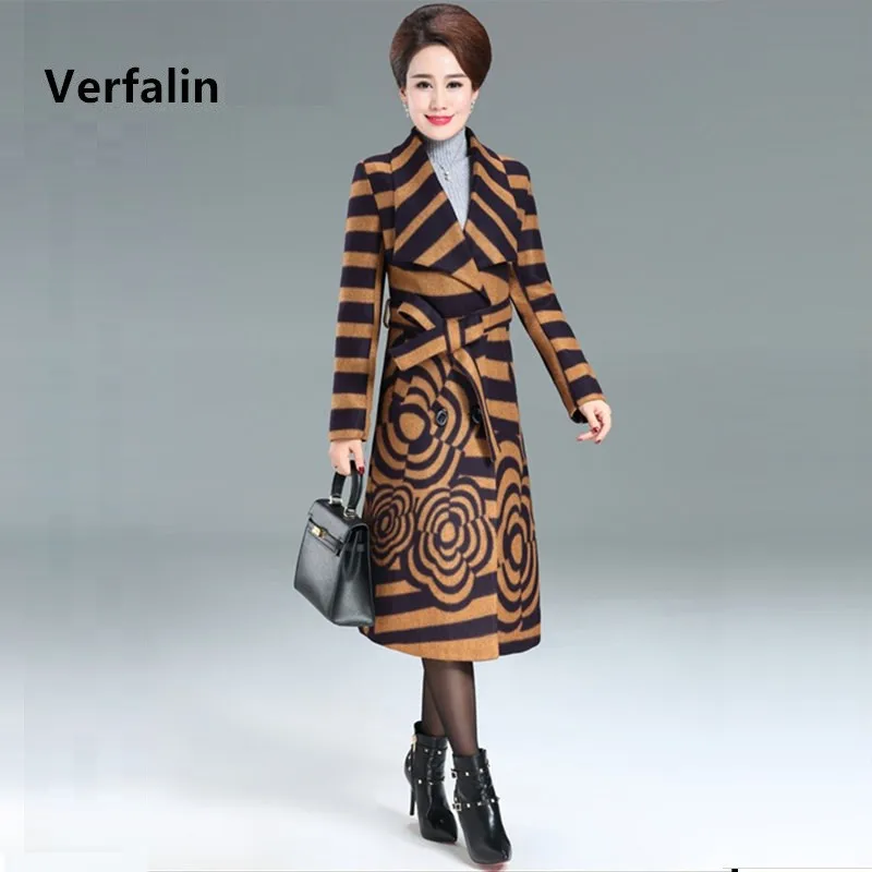 Verfalin 2017 Spring Women Wool CoatElegant Stripe Long Woollen Down Parka Trench Coat Girl Female Outerwear Warm Trench Coats (5)