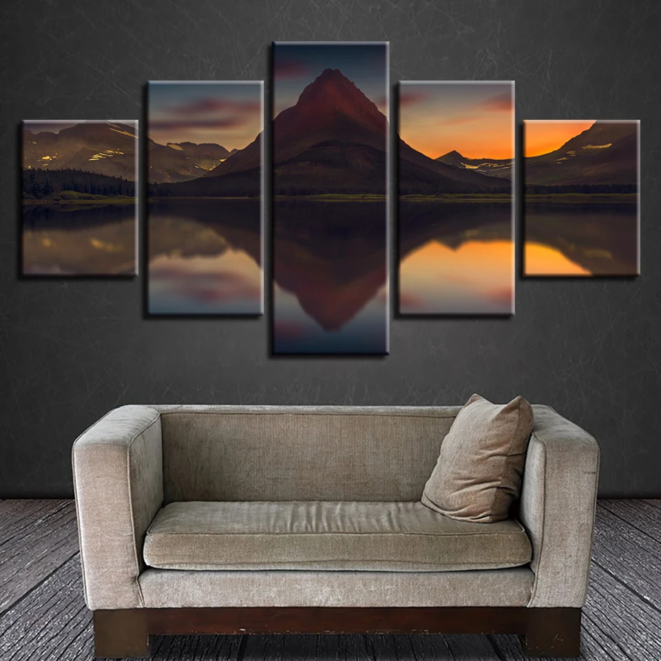 

HD Printed Wall Art Decoration Modern Home Bedroom 5 Pieces Mountain River Landscape Paintings Modular Canvas Picture Framework