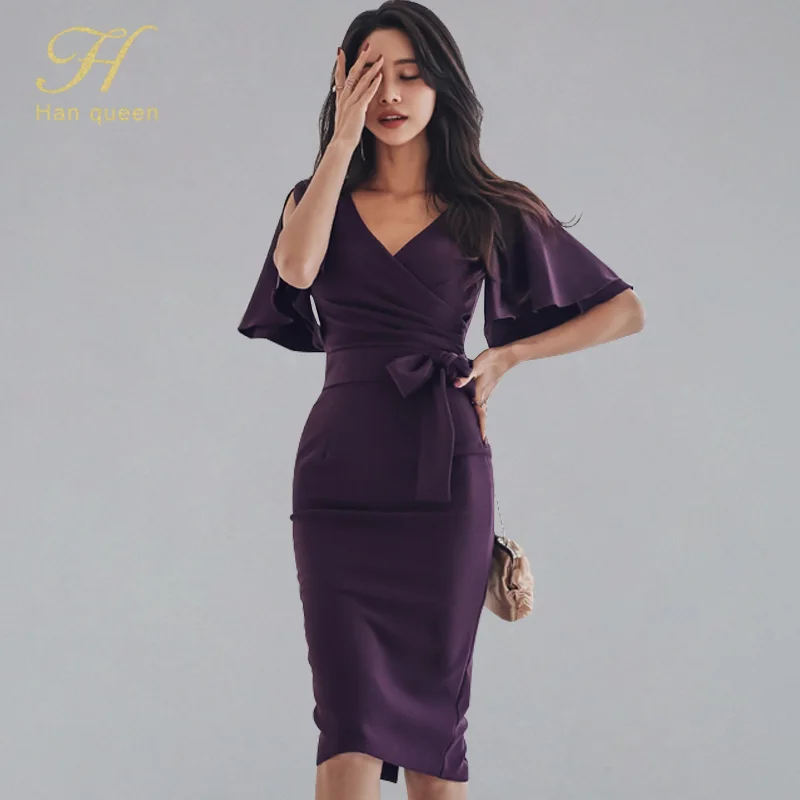 

H Han Queen 2019 Spring Summer Sexy Elegant V-neck Pencil Dress Women Ruffles Flrae Sleeve Sheath Dresses Slim Bodycon Vestidos