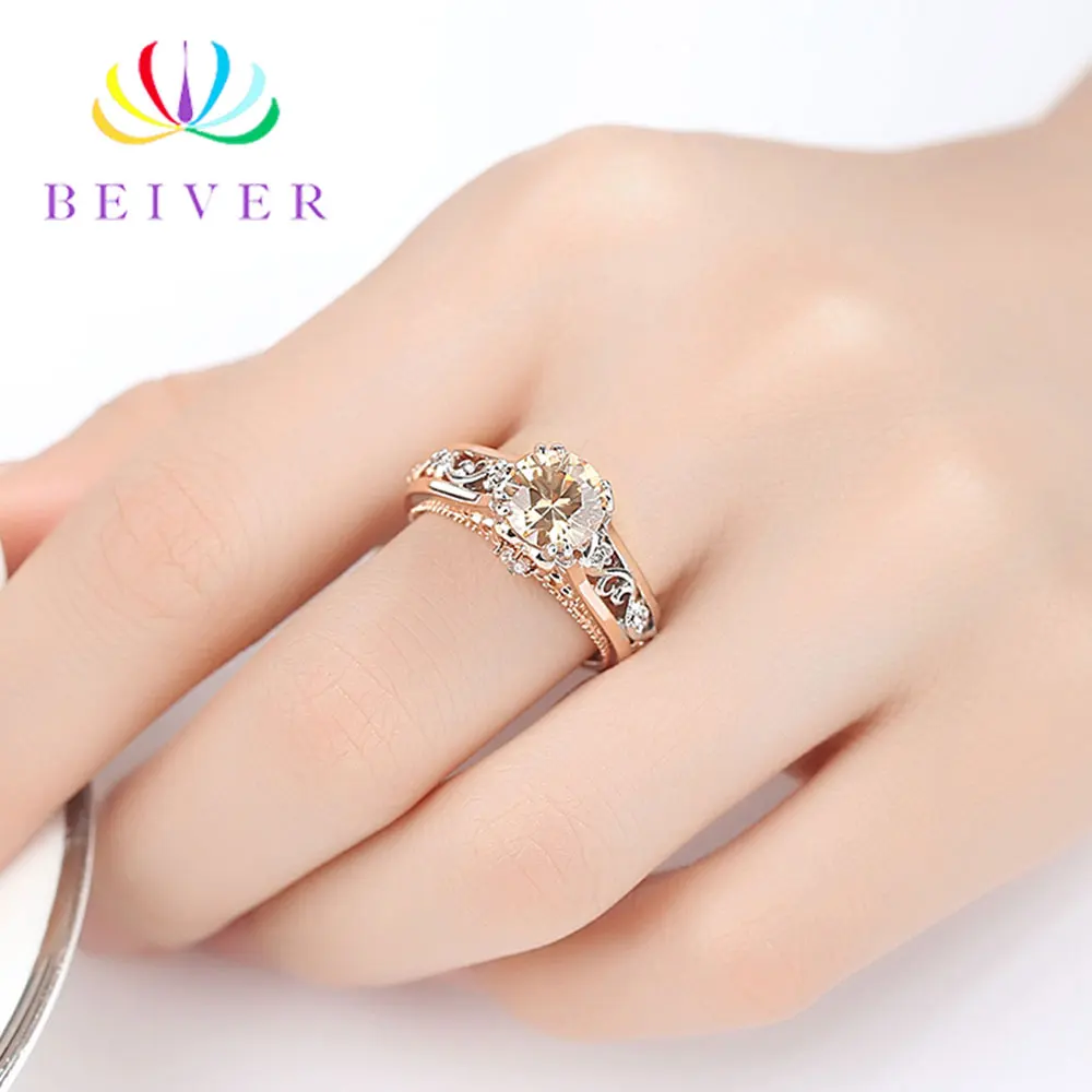 Beiver романтическое декоративное кольцо с узором из розового золота высокое качество AAA+ Шампанский кубик циркония обручение подарок для женщин