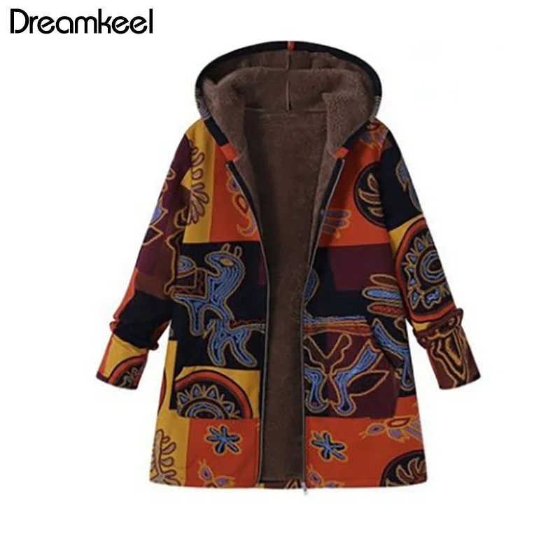

Winter Autumn Long Sleeve Basic Outerwear 2019 Plus SizeWomen Retro Hooded Ethnic Printed Faux Fluffy Thin Coat Jackets Y