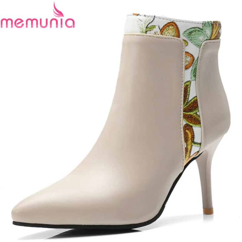 

MEMUNIA NEW arrival 2018 ankle boots for women pointed toe elegant female shoes thin high heels pu leather boots big size 33-47
