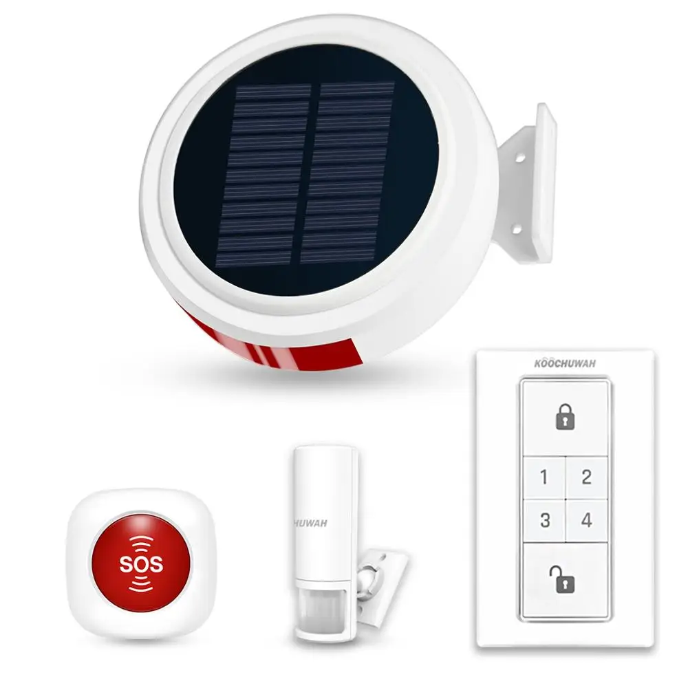 

KOOCHUWAH Motion Sensor Alarm 2G Solar Siren Home Security System Wireless SMS GSM Alarm Smartphone Remote Control Solar Alarm