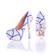 2017 New Design Custom Made White Color Bridal Wedding Shoes with Blue Rhinestone Prom Pumps Anniversary Ceremony Party Shoes
