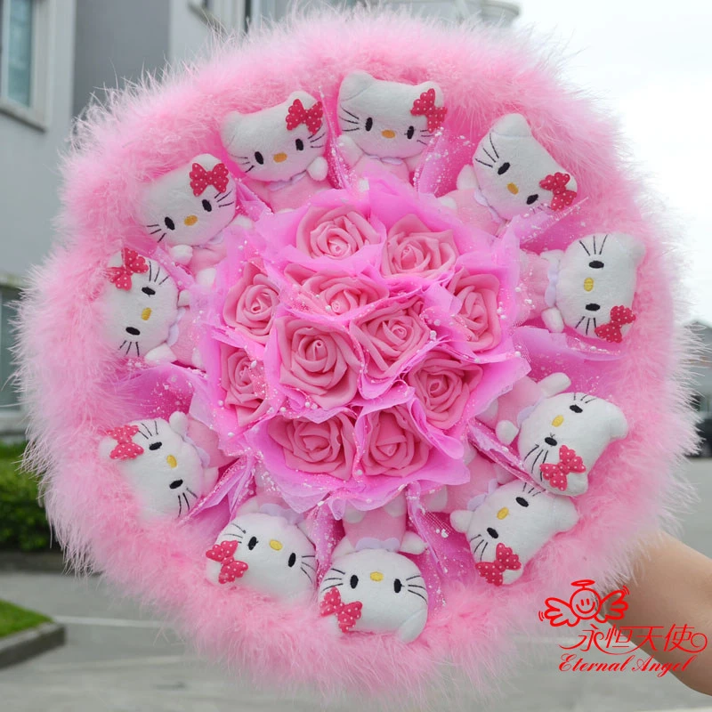 新しいホット販売手作り結婚式フェスティバルギフトかわいいキティ猫人工花羽花束ぬいぐるみ漫画のおもちゃ花束d21d25 Bouquet Tulips Bouquet Suppliesbouquet Blue Aliexpress