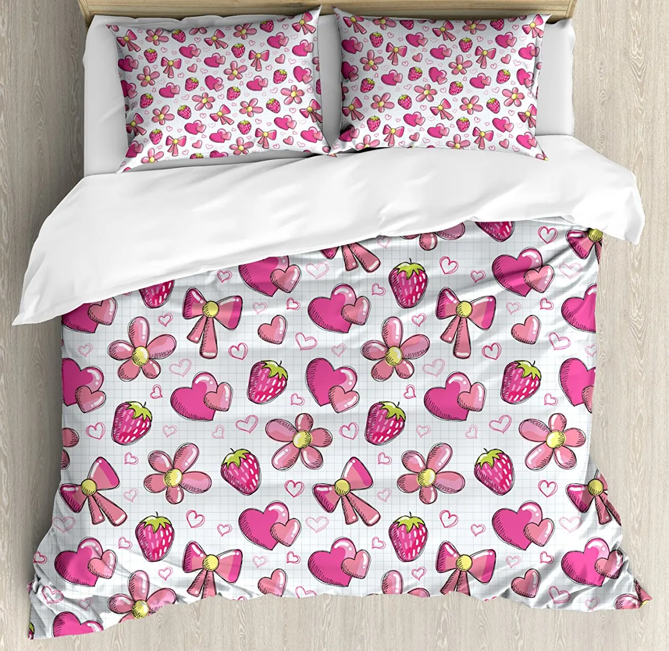 

Pink and White Duvet Cover Set Childhood Sweetheart Theme Page with Romantic Cute Doodles Print, Decorative 4 Piece Bedding Set