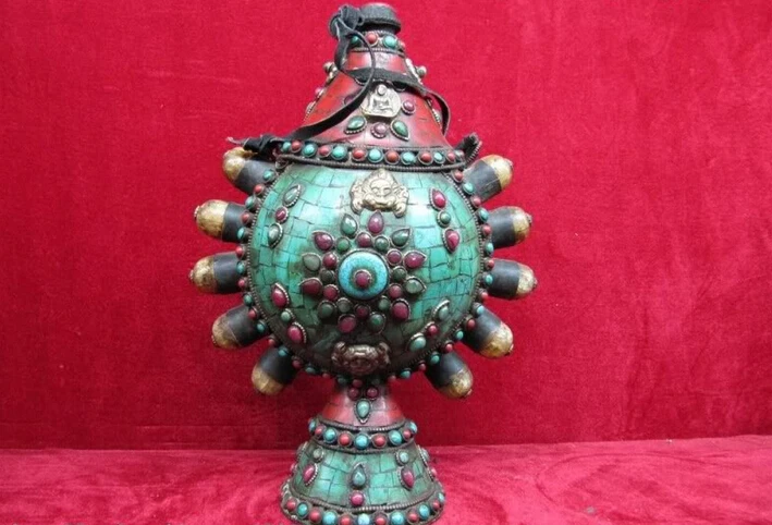 

song voge gem S0657 11"Nepal Copper handwork inlay turquoise Red coral ruby beryl Pot Snuff bottle