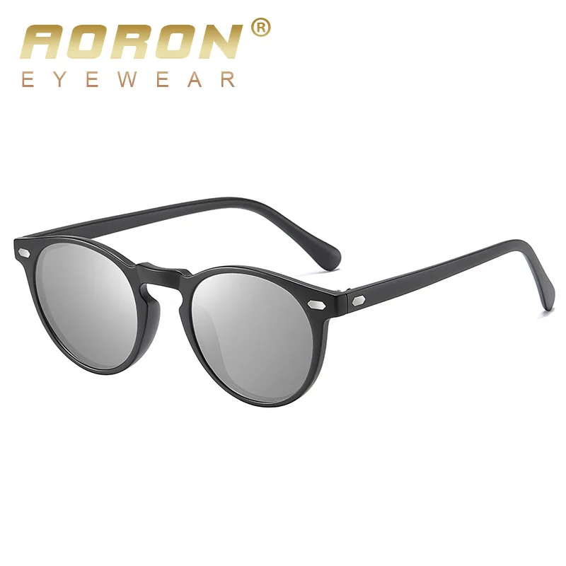 Black Silver AORON раунд поляризованные солнцезащитные очки для мужчин и женщин для вождения очки ночного видения Модные солнцезащитные очки UV400 - Цвет линз: Black Silver
