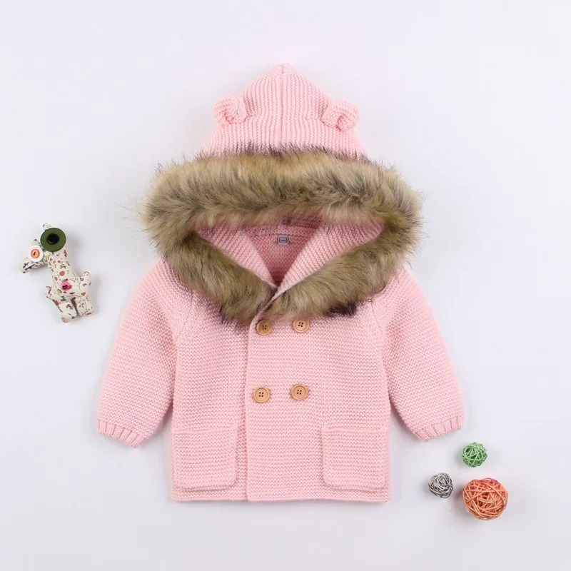 

0-24M Newborn Baby Girl Sweater Clothes Child 2019 Winter Fashion Hooded Fur collar Sweater Jacket Cardigan Infant Girl Clothes