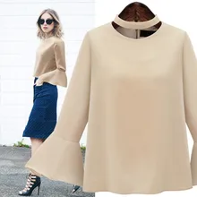 Fashion Women’s Chiffon Solid Color Flare Sleeve O Neck Halter Casual Shirt Plus Size XL-5XL