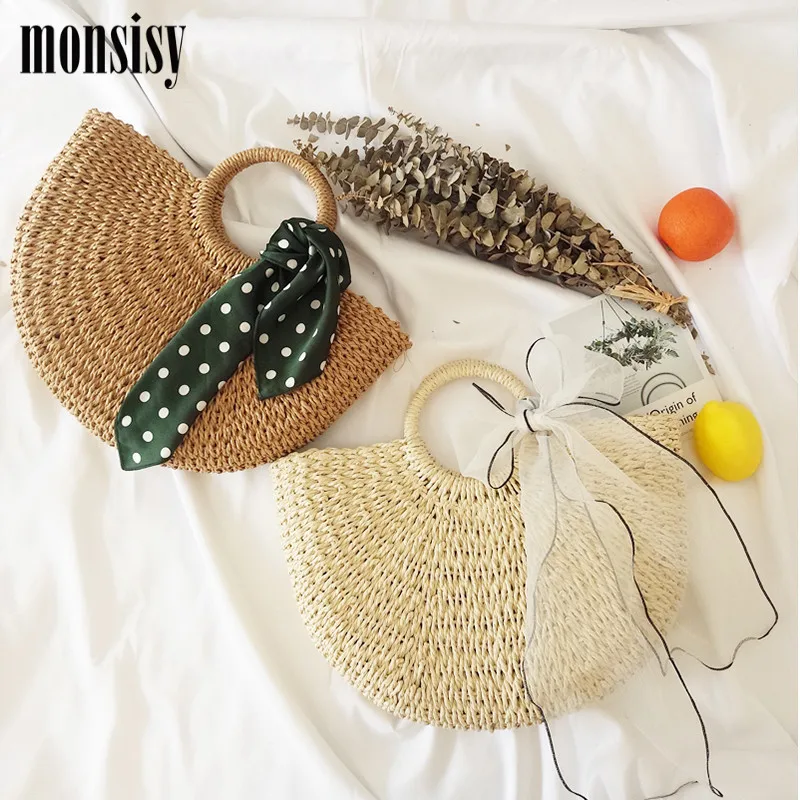 

Monsisy 2019 Straw Tote Women Handmade Weaving Handbag Summer Travel Beach Bag with Scarf Bohemian Vacation Moon Shaped Bag Lady