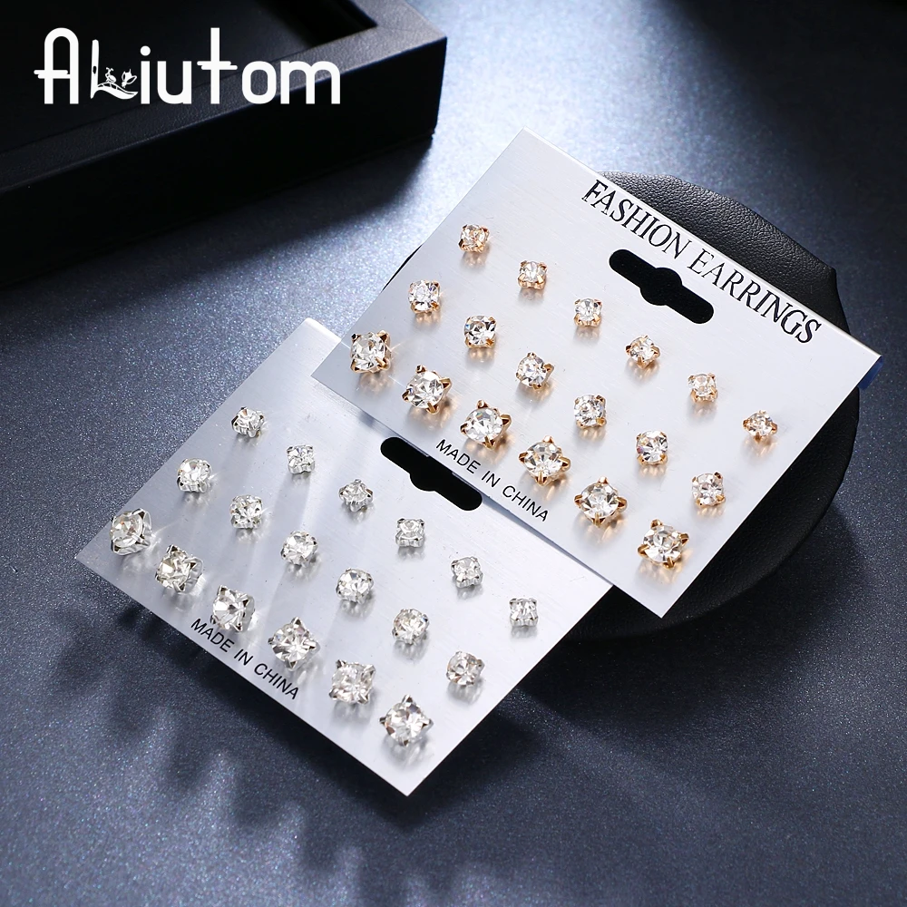 ALIUTOM 9 Pairs/set Mix Design Square Crystal Stud Earrings Piercing
