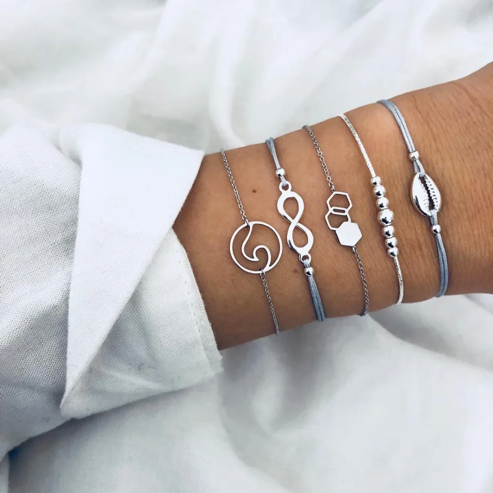 

UAM 5pcs/set Bohemian Silver Chain Beads Bracelets Fashion Wave Infinity Shell Bracelets Bangles Sets For Women Jewelry 2019