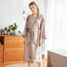 Casual Female Home Wear Nightgown Summer Kimono Bathrobe Sexy Bride Wedding Robe Printed Flower Satin Sleepwear Sleep Dress
