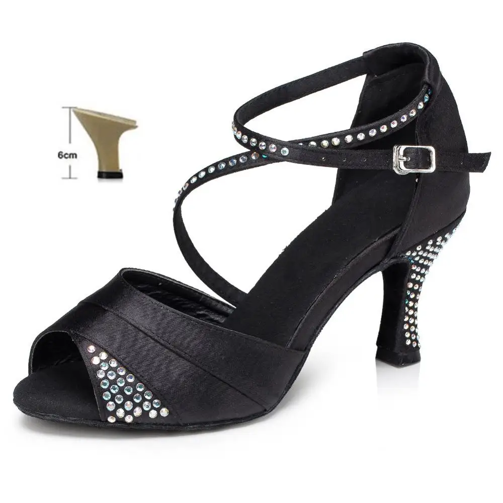 Латинская танцевальная обувь для детей для девочек, женщин, горный хрусталь, Бальные Профессиональный Танго Сальса обувь для танцев на вечеринках около 6 см/7,5 см/10 см - Цвет: black  6cm