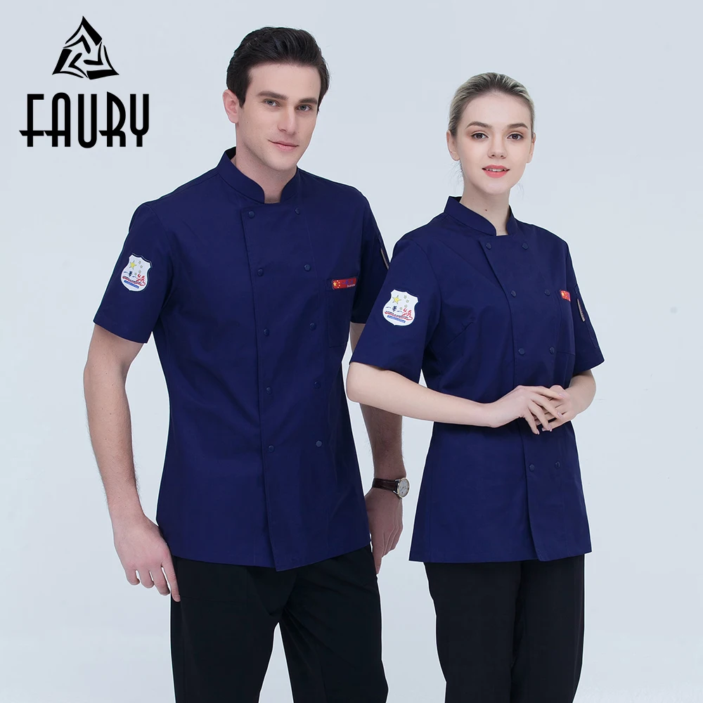 Unisex Embroidery Badge Short Sleeve Double Breasted Pocket Restaurant