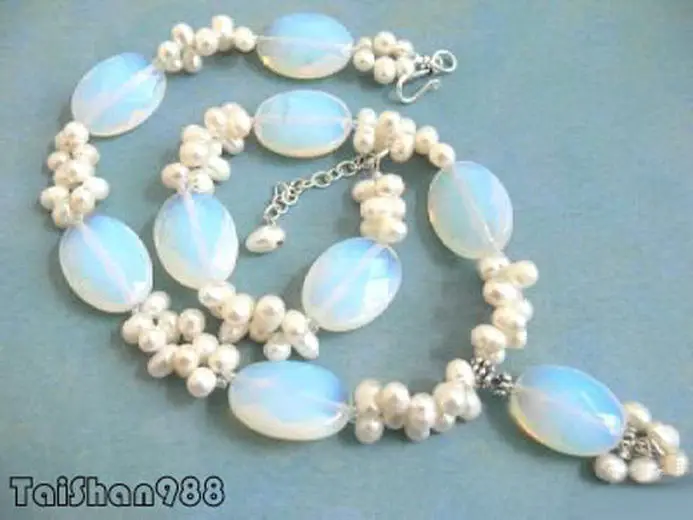 

Hot sale Free Shipping>>>>Blue Fire Opal Genuine White Pearl 18KWGP Clasp Pendant Necklace