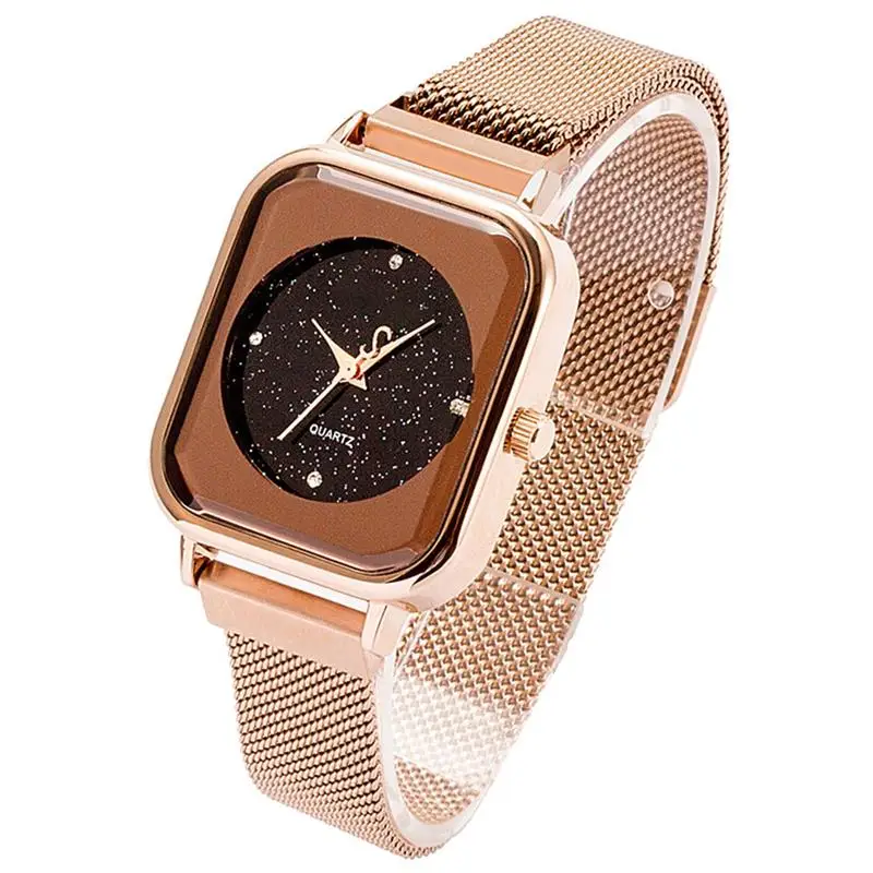 

Fashion Women Bright Starry Sky Wristwatch with Magnetic Buckle Mesh Belt Quartz Bracelet Watch
