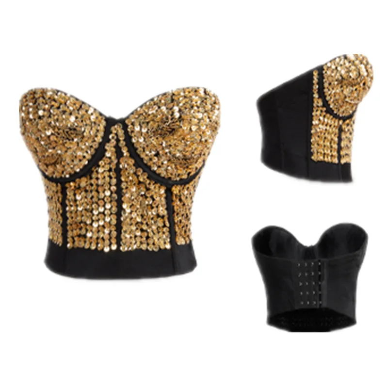 Sexy Waist Trainer Bra Corset gold Women Sequin Rivet Bra Crop Top