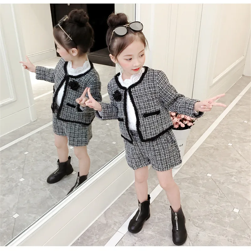 Conjunto de Roupas Jaqueta + Shorts Terno para o Bebê da Boa Traje de Treino Liligirl Crianças Meninas Temperamento Nova Xadrez 2 Pçs Qualidade 2020 11 Mamãe e Bebê