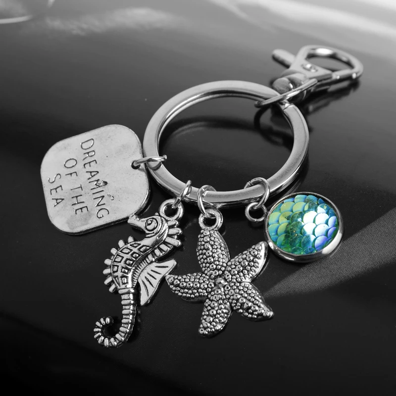 

HANCHANG Jewelry Dream Of The Sea Starfish Seahorse Keyring Keychain Mermaid Scale Pendant Keychain Sea Dream Women Holiday Gift