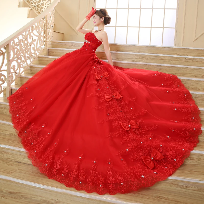 

Vestidos De Novia 2019 China Red Lace Dress for Wedding Strapless Bow Beads Casamento Princess Bridal Gowns robe de mariage