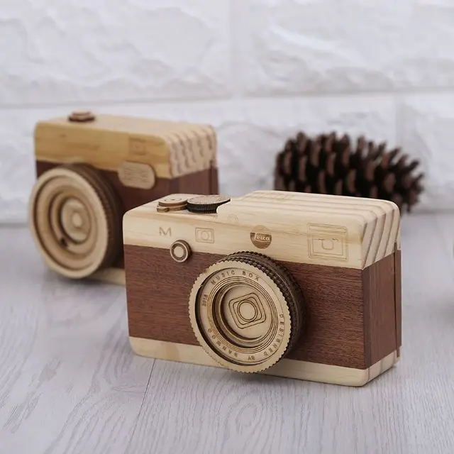 Wooden Toy Cameras Music Box Retro Camera Design Classical Melody Birthday Home Decoration 5