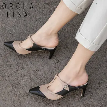 

ORCHA LISA new genuine cow Leather mules ladies t-type high heels outside Slippers slingback summer office shoes zapato mujer